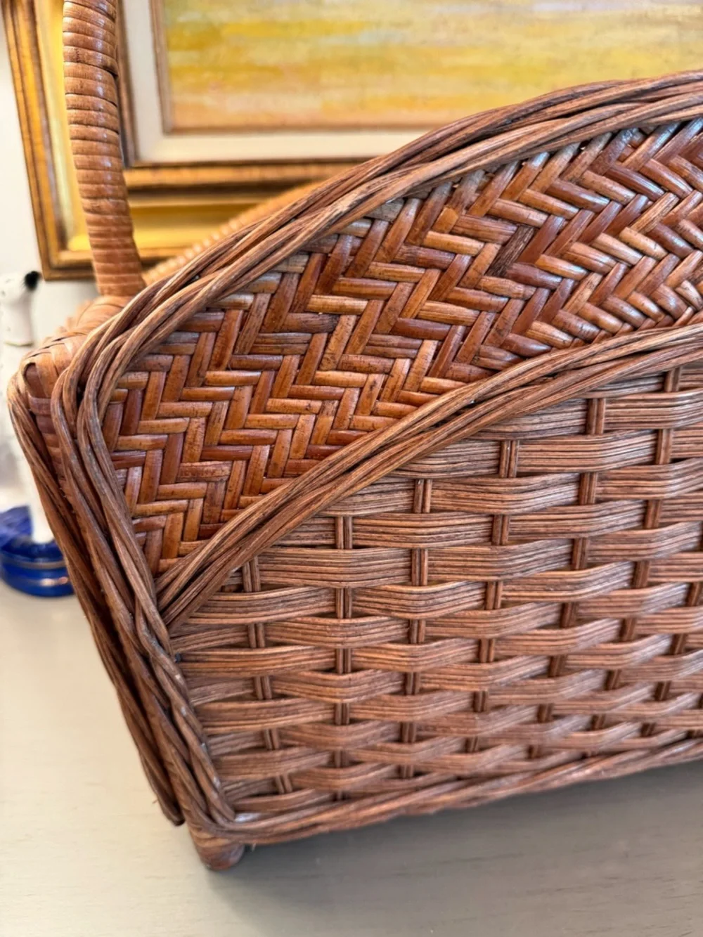 Vintage Rattan Magazine Rack Towel Holder Mid-Century Modern Boho Wicker Bamboo
